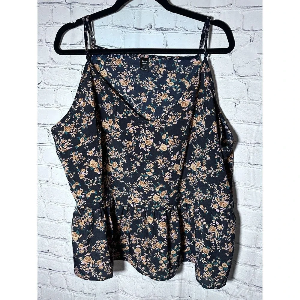 SHEIN Curve Womens 2XL Floral Peplum Camisole Top Navy Blue V-Neck Boho Cami